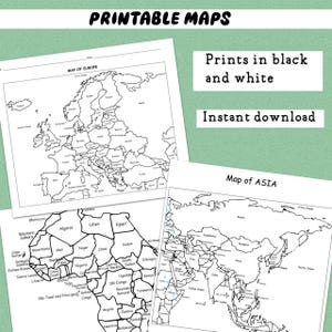 Op de afbeelding: Printbare zwart-wit kaarten van Europa, Azië en Afrika. De kaarten zijn voorzien van landnamen. De tekst op de afbeelding luidt "Printbare kaarten", "Prints in zwart-wit" en "Direct downloaden".