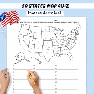 May include: A white paper quiz titled "50 STATES MAP QUIZ" with the text "Instant download". The map of the United States is outlined with numbered states. An American flag is in the upper left corner.