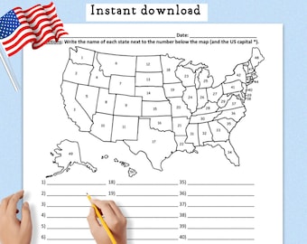 50 States of the USA Map Printable Quiz