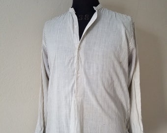 Antique mens collarless shirt, Victorian style, 16 x 33, striped