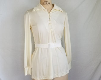 70s nylon blouse, cream, ladies 38 with belt