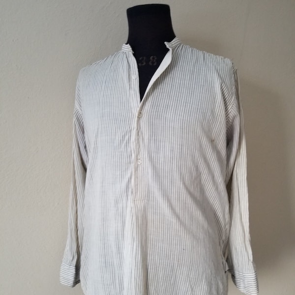 Antique mens collarless shirt, Victorian style, 16 x 33, striped