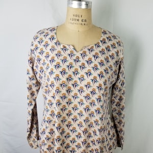Vintage sari dress, saree block print beige floral 44