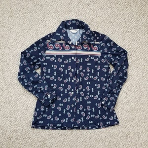 70s ladies blouse navy paisley boho butterfly collar 36