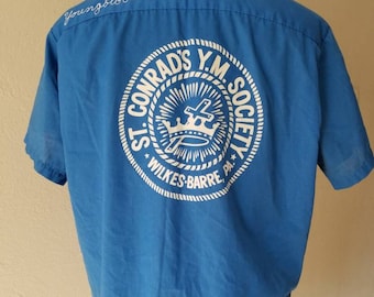 Amazing mens vintage bowling team shirt, Mike, large, 16, blue, Youngblood
