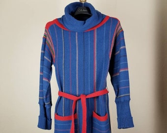 60s 70s rainbow cowl neck sweater dress small blue
