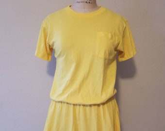 80s knit tshirt dress, bright yellow, Radishes and Roses, 38