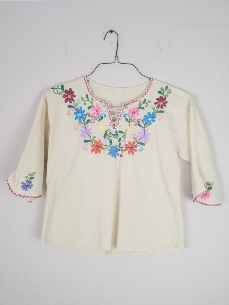 60s Blouse Bobo Hippie Top Embroidered With Flowers Medium - Etsy