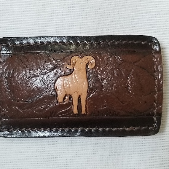 Ram belt buckle, vintage mountain sheep leather h… - image 2
