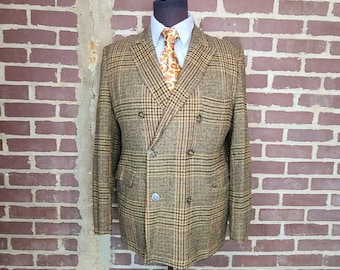 Vintage tweed sportcoat, double breasted, mens wool blazer, check, plaid, 42L