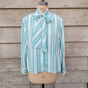 80s blouse, pussy bow, aqua and white stripe with dots, polyester top image 1