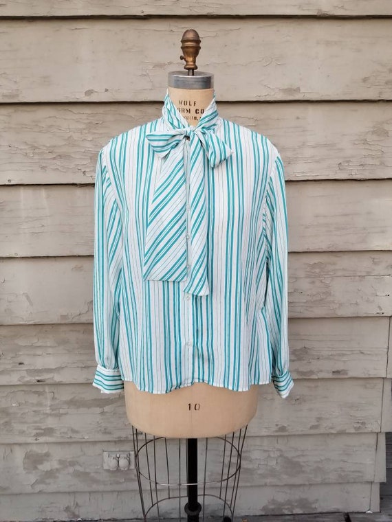 80s blouse, pussy bow, aqua and white stripe with… - image 1