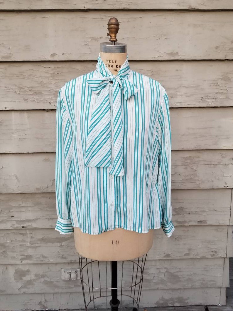 80s blouse, pussy bow, aqua and white stripe with dots, polyester top image 1