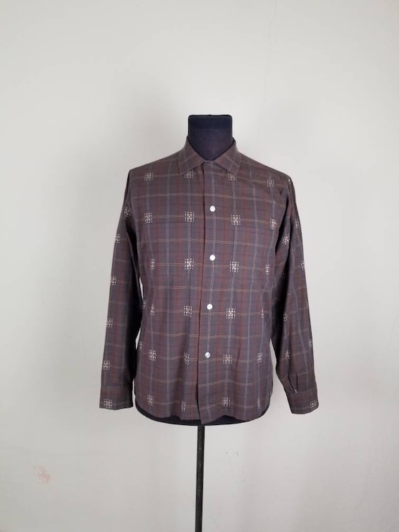 40s 50s brown plaid patterned shirt 16 x 33/34 wov