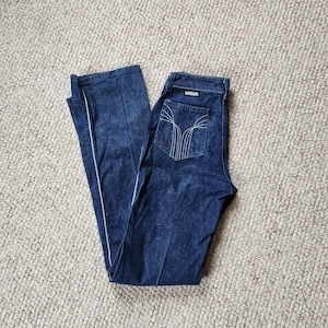 70s 7 long Viceroy jeans, deadstock, silver tux stripe,high waisted, high rise, mom style, dark wash, new condition, 26x35, tall jeans, slim