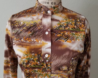70s band collar ladies shirt, polyester 40 chest 15x32