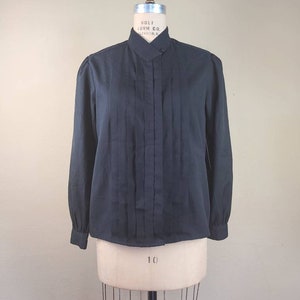 70s black high necked blouse pleated front Jeana