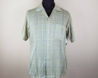 40s-50s loop collar mens plaid shirt, 16 neck, short sleeved