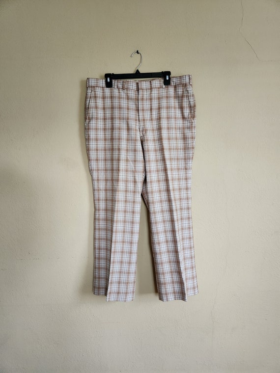 70s mens pants, beige brown plaid, flare trousers… - image 1