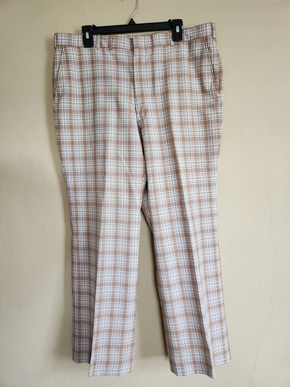 70s mens pants, beige brown plaid, flare trousers… - image 2