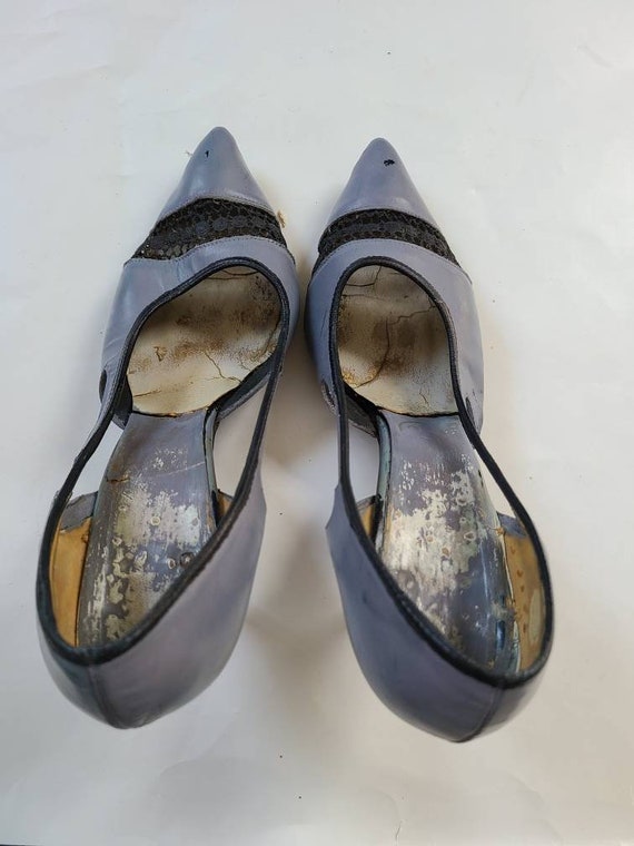 6 1/2 lavender stilettos with black lace leather … - image 5