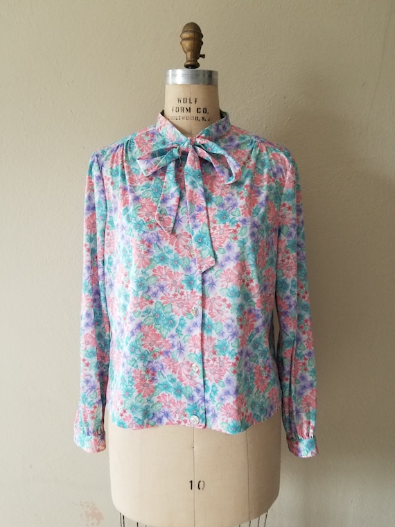 70s-80s bow blouse, ladies floral polyester 44