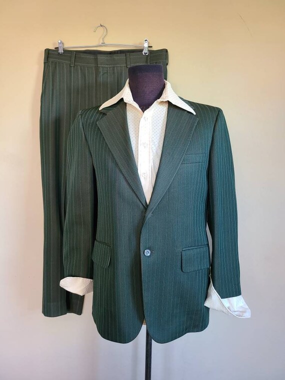 70s suit, mens 40R, green striped, bootleg pants - image 3