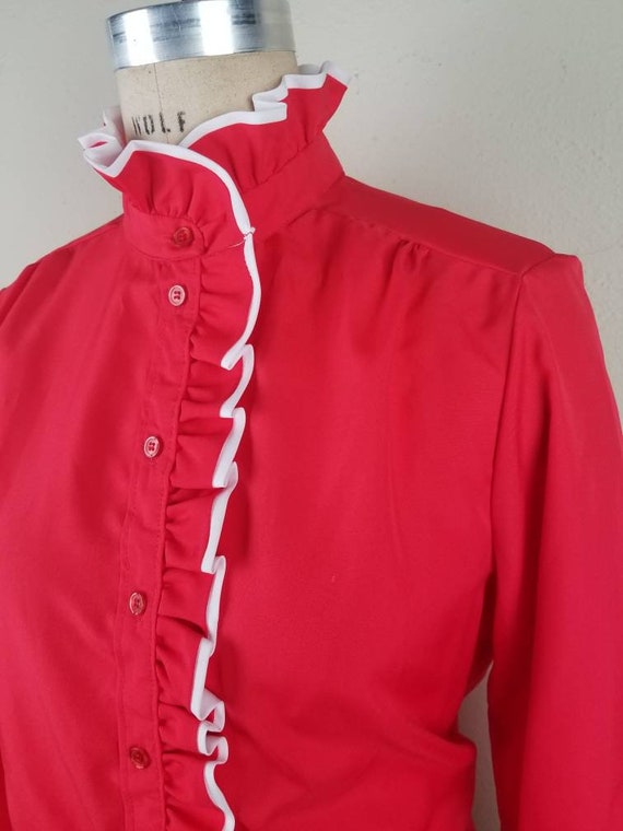 80s, size 16, bright red blouse, red with white t… - image 3