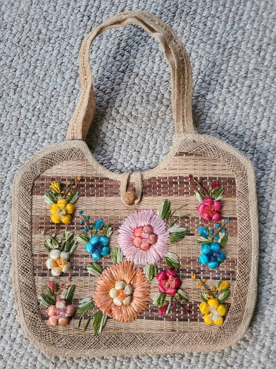Straw bag, vintage straw handbag, floral, beach b… - image 2