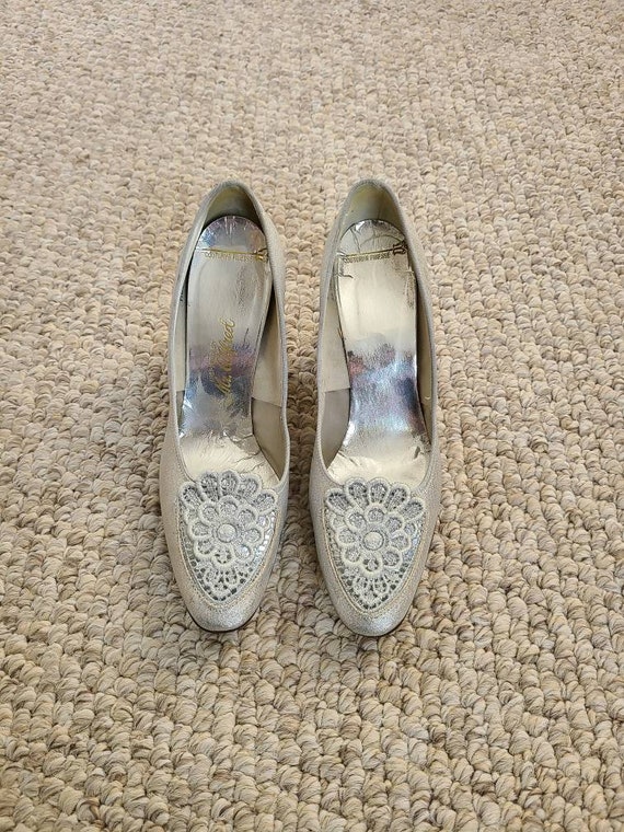 60s silver pumps, silver heels, size 6.5 - image 1