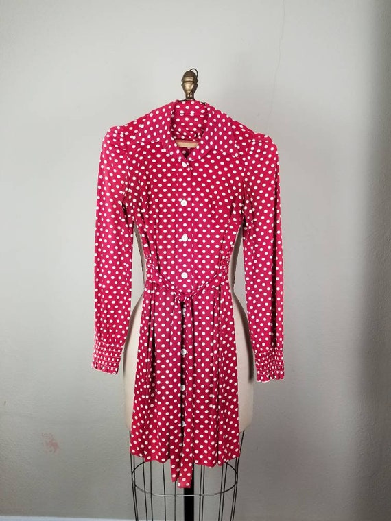 70s dress, red polkadot XS butterfly collar