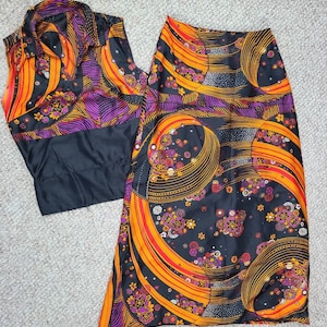 Stunning 60s silk psychedelic skirt and blouse set, handmade, one of a kind beauty, two piece