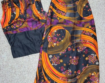 Stunning 60s silk psychedelic skirt and blouse set, handmade, one of a kind beauty, two piece