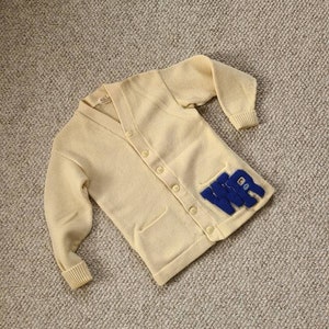 40s varsity sweater, varsity sweater, stadium cardigan, letterman sweater,  blue WR, cream, wool, Warrior Run, 40s 50s