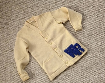 40s varsity sweater, varsity sweater, stadium cardigan, letterman sweater,  blue WR, cream, wool, Warrior Run, 40s 50s