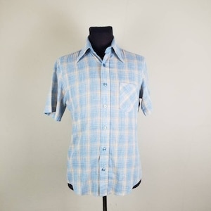 70s mens shirt, blue tan plaid, short sleeved, 15 1/2 44 chest