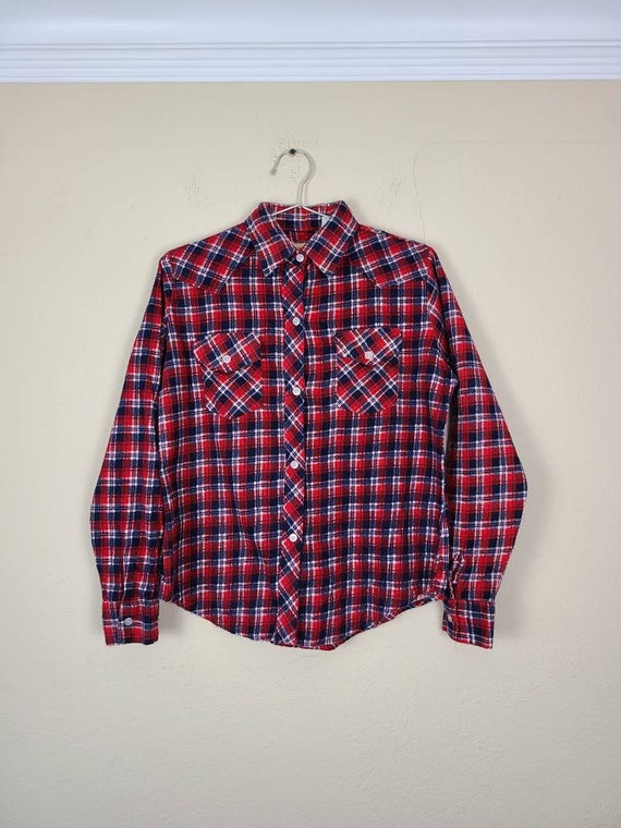 50s boys shirt, flannel, red plaid, 14 x 30, 34