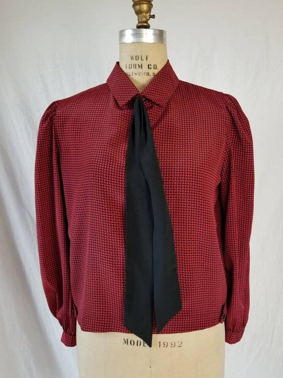 70s blouse, red and black with collar sash, 12 - image 2