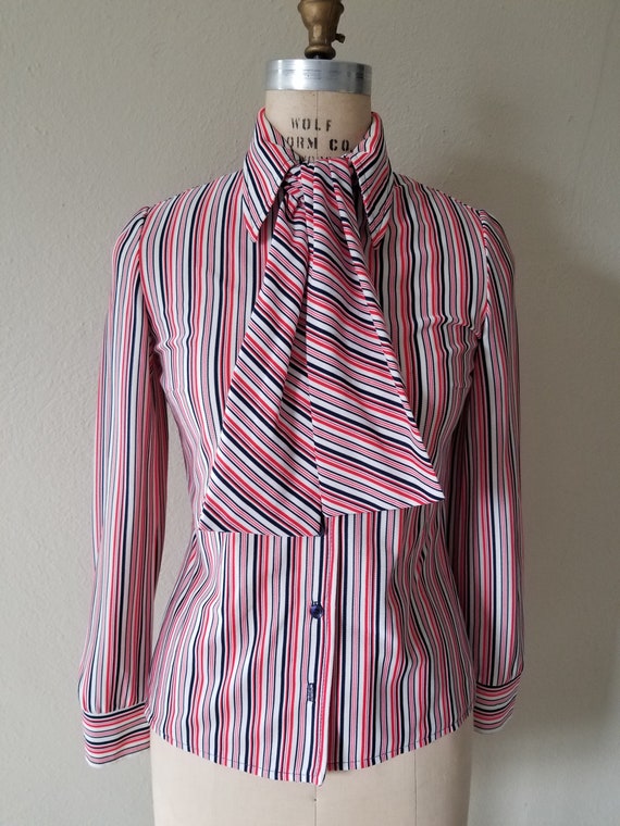 70s ladies blouse, pussy bow/belt white striped p… - image 4