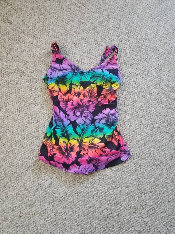 80s floral swimsuit, rainbow bathing suit, 44C, sk