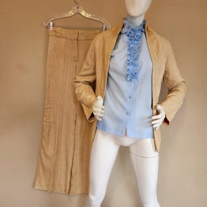 70s raw silk suit, ladies XXS, two piece, gold yellow, blazer and pants, handmade, flared pants, disco suit