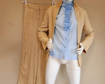 Traje de seda cruda de los años 70, talla XXS para mujer, dos piezas, amarillo dorado, chaqueta y pantalón, hecho a mano, pantalón acampanado, traje de discoteca