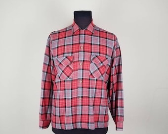 40s shirt, loop collar, mens reddish orange and grey gray plaid shirt woven, flap pockets