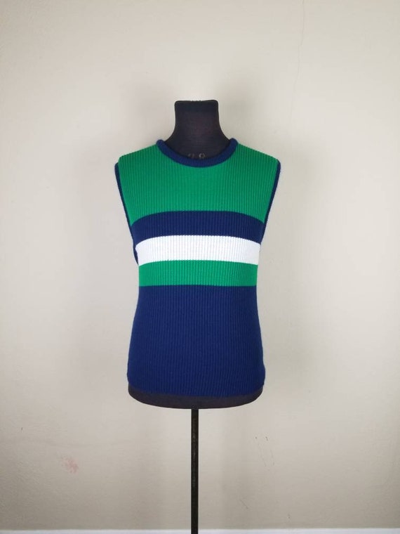 50s 60s vest, mens medium, blue green white, pull… - image 1