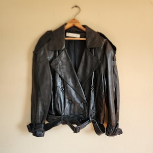 90s black leather jacket, ladies large, belted, Andrew Marc