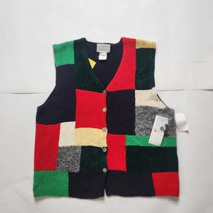 80s deadstock vest, hand knit, new with tags, ladies L, patchwork style, Susan Bristol, button up sweater vest, sleeveless