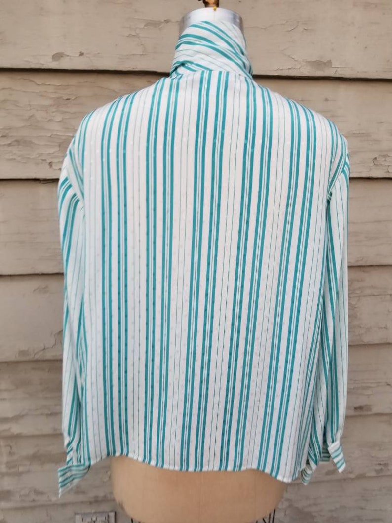 80s blouse, pussy bow, aqua and white stripe with dots, polyester top image 4