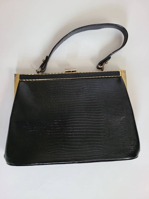 60s alligator handbag, black leather purse - image 3