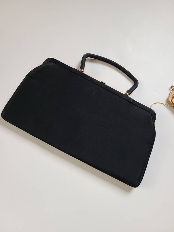 40s 50s black purse, vintage handbag, gold coin p… - image 2