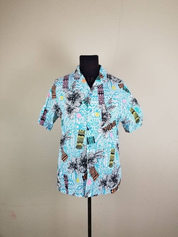 80s Hawaiian style mens party shirt cotton large